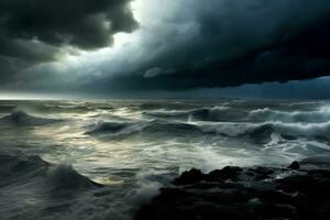 ett bild skildrar mörk, olycksbådande moln sammankomst över en stormig hav, indikerar de nära förestående ankomst av en orkan. generativ ai foto