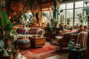 snyggt dekorerad levande Plats med årgång möbel, gobelänger, och växter, reflekterande de bohemisk livsstil av de tid. generativ ai foto