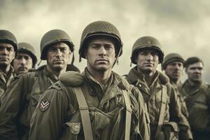 en kraftfull bild visa upp en grupp av soldater under andra värld krig, stående tillsammans i en utgör den där representerar enhet, kamratskap, och elasticitet. generativ ai foto