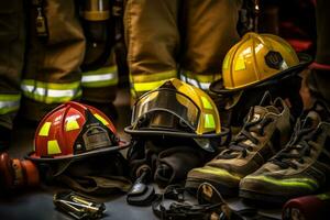 närbild bild av en brandmans redskap, fokusera på deras hjälm, handskar, stövlar, och verktyg, förmedla de beredskap och professionalism av de brandsläckning team. generativ ai foto