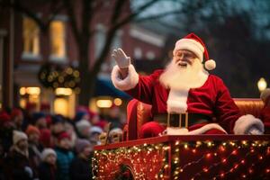 Semester parad terar santa claus ridning i en flyta, spridning heja på till de folkmassan. generativ ai foto