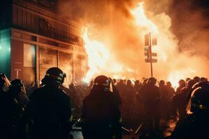 polis spridning riva gas mitt i en folkmassan av demonstranter, visa upp de kaos och emotionell kaos. generativ ai foto