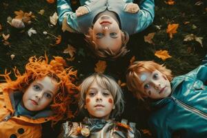 topp se av läskigt barn i halloween kostymer liggande på gräs i höst. generativ ai foto