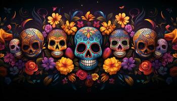 en färgrik och vibrerande baner fira dia de los muertos dag av de död- med socker skallar, ringblomma blommor, och invecklad ansikte måla mönster. generativ ai foto