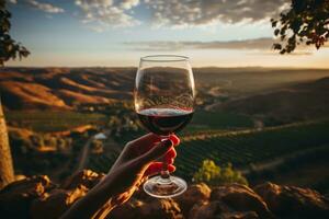 en närbild skott av händer innehav en glas av röd vin mot de bakgrund av skön vinrankor och rullande kullar. generativ ai foto