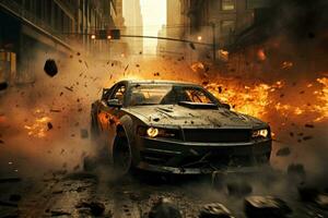 spännande och intensiv ögonblick av en realistisk bil jaga genom en stadsbild med explosioner tillsats till de kaos. framföra en känsla av fart, fara, och spänning. generativ ai foto