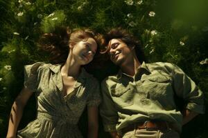 ung par liggande tillsammans på en skön fält av grön gräs. generativ ai foto