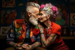 senior par omgiven förbi vibrerande färger, visa upp deras tatuerade kroppar som levande konst bitar. generativ ai foto