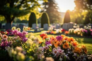 en skön, lugn bild av en väl underhållen kyrkogård med färgrik blommor smyckande de gravar, förmedla en känsla av fred och minne. generativ ai foto