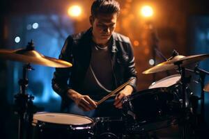 ung musiker spela trummor. generativ ai foto