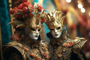 elegant klädd individer bär venetian masker i en mysterium plats. generativ ai foto