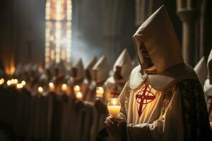 ett konstnärlig representation av en templar ritual, fångande de känsla av mystik och hängivenhet den där omgiven deras ceremonier. generativ ai foto