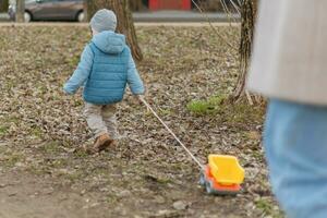 Lycklig familj utomhus. tillbaka se av mor och henne barn på promenad i parkera. mamma gående längs väg med bebis son utomhus. kvinna liten bebis pojke vilar gående i natur. foto