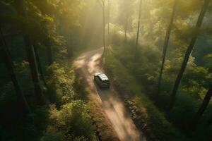 ett antenn se av en bil körning ner en smuts väg i de skog. generativ ai foto