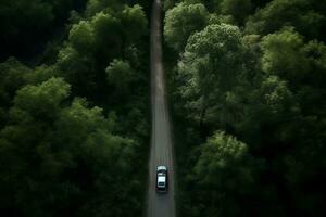 ett antenn se av en bil körning ner en väg genom en skog. generativ ai foto