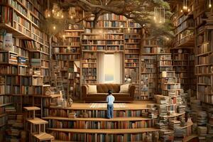 en man stående i främre av en rum full av böcker. generativ ai foto