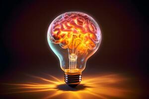 ett bild av en ljus Glödlampa med en hjärna inuti. generativ ai foto