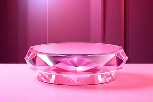 bakgrund 3d kristall modern rosa glas podium plattform. kosmetisk produkt presentation och visa stå. generativ ai foto