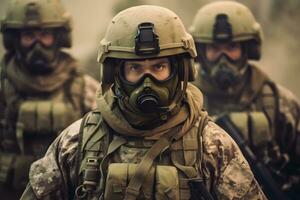 soldater i gas masker gående i en grupp. generativ ai foto