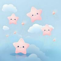 söt rosa stjärnor i de himmel med moln och stjärnor. generativ ai foto