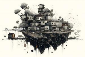 en digital illustration av en små ö med hus på Det. generativ ai foto