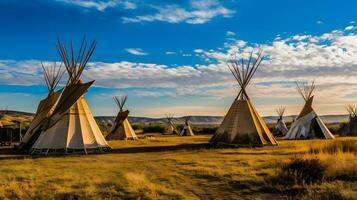 flera teepees i en fält med en blå himmel. generativ ai foto