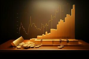 gyllene barer på en tabell med en Graf Diagram. generativ ai foto