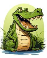 tecknad serie krokodil Sammanträde i de vatten med dess mun öppna. generativ ai foto