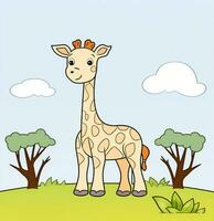 en tecknad serie giraff stående i de gräs. generativ ai foto
