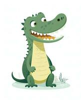 söt tecknad serie krokodil Sammanträde på gräs, leende och ser på de kamera. generativ ai foto