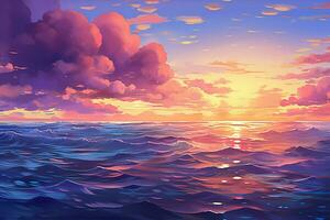 hav se och vågor. skön färgrik moln i de himmel på solnedgång. generativ ai foto