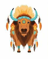 vektor illustration av en bison i inföding amerikan huvudbonad. generativ ai foto