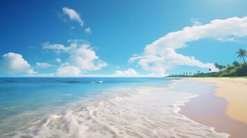 ai generativ skön tropisk strand med Vinka och vit moln foto
