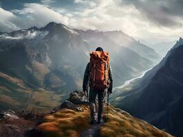 manlig vandrare med vandring väska på de berg klippa med himmel se generativ ai foto