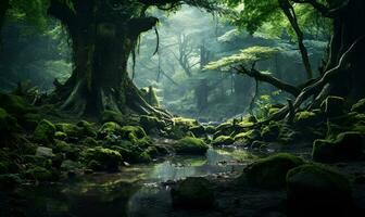mystisk gammal regnskog med dramatisk ljus tät skog ai generativ foto