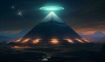 UFO flygande över de pyramider, generativ ai foto