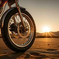 klassisk manlig motorcykel på dammig badlands med solnedgång bakgrund, generativ ai foto