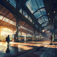 tåg station se med japansk stil animation, generativ ai foto