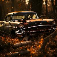 gammal bruten bil övergiven i de skog, ai generativ foto