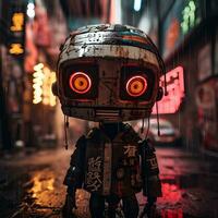 ledsen robot i en krasslig cyberpunk stad, generativ ai foto