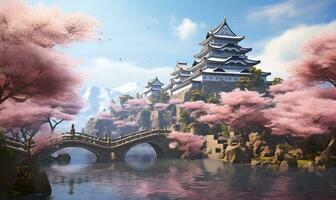 rosa körsbär träd och japansk slott, ai generativ foto