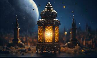 islamic lampa lykta med stjärna måne natt himmel bakgrund, generativ ai foto