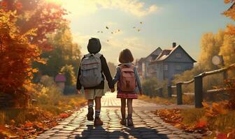 barn kommande Hem från skola på en väg med orange höst löv, ai generativ foto