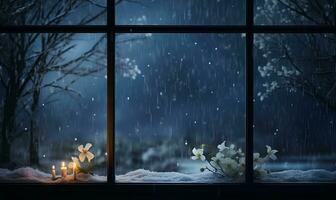 se utanför de fönster på en vinter- natt, ai generativ foto