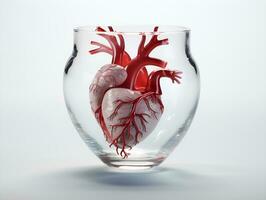 kopia av en mänsklig hjärta i en glas kopp på en vit bakgrund, ai generativ foto