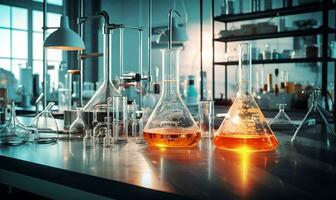 kemikalier i flaskor i laboratorium, generativ ai foto