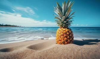 ananas på strand sand stänga upp, ai generativ foto