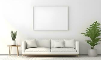 minimalistisk vit hus interiör med stor, enkel vit vägg ramar, ai generativ foto
