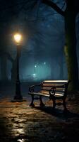 bänkar och gata lampor är tyst på natt, ai generativ foto