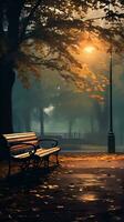 bänkar och gata lampor är tyst på natt, ai generativ foto